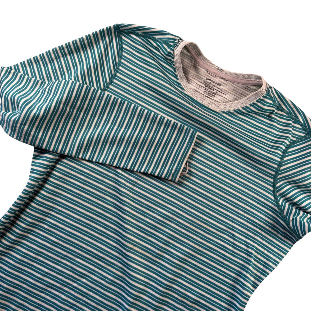 Patagonia Capilene 3 Midweight Top Women L Teal Striped Polartec Base Layer Snow